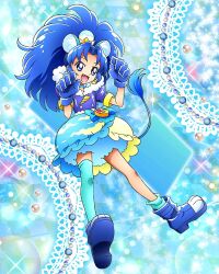 Rule 34 | 1girl, animal ears, blue eyes, blue footwear, blue gloves, blue hair, blue thighhighs, bubble skirt, cure gelato, full body, fur trim, gloves, highres, kirakira precure a la mode, lion ears, lion tail, long hair, magical girl, official art, open mouth, parted bangs, pouch, precure, precure connection puzzlun, single thighhigh, skirt, smile, solo, tail, tategami aoi, thighhighs, third-party source, wide ponytail