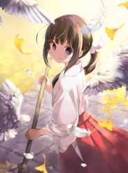 Rule 34 | 1girl, bird, black eyes, broom, brown hair, commentary request, feathers, from side, hair ornament, holding, holding broom, japanese clothes, kimono, kuga tsukasa, long sleeves, looking at viewer, miko, original, pigeon, ponytail, smile, solo, white feathers