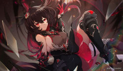 Rule 34 | 1girl, azusa0v0, black hair, breasts, chinese commentary, commentary request, gloves, hair between eyes, hair ornament, high heels, highres, honkai (series), honkai impact 3rd, large breasts, long hair, multicolored hair, red eyes, red gloves, red hair, seele (alter ego), seele vollerei, seele vollerei (starchasm nyx), sideboob, thigh strap, two-tone hair
