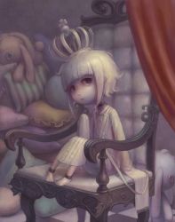 Rule 34 | :&lt;, androgynous, barefoot, crown, daiyou-uonome, gender request, green eyes, long sleeves, nightgown, original, pillow, sitting, sleeves past wrists, solo, stuffed animal, stuffed toy, throne, white hair