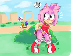 Rule 34 | 1girl, 2boys, amy rose, animal nose, bare shoulders, blue sky, blush, body fur, boots, breasts, bush, closed mouth, clothes lift, cloud, cumeoart, day, dress, dress lift, embarrassed, fox boy, full body, furry, furry female, furry male, gluteal fold, grass, green eyes, hairband, have to pee, knee boots, lifting own clothes, looking back, multiple boys, notice lines, outdoors, panties, panty pull, path, pee, pigeon-toed, pink fur, pink hair, pulling own clothes, pussy, red dress, red footwear, red hairband, road, short hair, sidelocks, sky, sleeveless, sleeveless dress, small breasts, solo focus, sonic (series), sonic the hedgehog, speech bubble, standing, tails (sonic), two-tone fur, uncensored, underwear, wet, wet clothes, wet panties, white panties