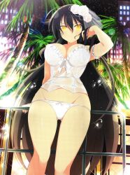 Rule 34 | 1girl, ahoge, armband, bare shoulders, black hair, blush, bow, bow panties, breasts, bridal lingerie, city, city lights, cityscape, closed mouth, commentary, english commentary, flower, frilled armband, frills, gluteal fold, groin, hair between eyes, hair flower, hair ornament, highres, hyoki (senran kagura), hyoki (senran kagura), large breasts, lens flare, light particles, lingerie, long hair, looking at viewer, night, night sky, official art, palm leaf, palm tree, panties, railing, rose, see-through, senran kagura, senran kagura new wave, shiny skin, sky, slit pupils, solo, sparkle, star (sky), starry sky, tree, underwear, very long hair, water drop, wet, white flower, white panties, white rose, window, yaegashi nan, yellow eyes