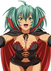 Rule 34 | 1girl, breasts, cleavage, dark skin, fangs, green eyes, green hair, halloween, ikkitousen, large breasts, long hair, looking at viewer, navel, official art, ryofu housen, shorts, simple background, smile, solo, standing, twintails, white background