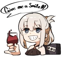 Rule 34 | 1girl, amonitto, an-94 (girls&#039; frontline), an-94 (silent rouge) (girls&#039; frontline), bare shoulders, blue eyes, chibi, cropped torso, cup, dress, english text, girls&#039; frontline, holding, holding cup, light brown hair, long hair, looking at viewer, pinky out, sidelocks, simple background, sleeveless, sleeveless dress, solo, speech bubble, sweatdrop, upper body, white background