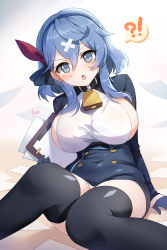 Rule 34 | !?, 1girl, :o, ako (blue archive), apple caramel, arm support, bell, black gloves, black thighhighs, blue archive, blue eyes, blue hair, blue hairband, blue jacket, blush, breasts, buttons, clipboard, collar, covered navel, cowbell, crossed bandaids, double-breasted, ear piercing, frown, gloves, hair between eyes, hair ribbon, hairband, half gloves, highres, holding, holding clipboard, jacket, large breasts, long hair, long sleeves, looking at viewer, neck bell, on floor, piercing, red ribbon, ribbon, sideboob, sidelocks, signature, sitting, solo, sweat, thighhighs