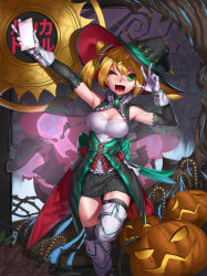 Rule 34 | 10s, 1girl, ;d, absurdres, bare shoulders, black skirt, blonde hair, breasts, cellphone, cleavage, ghost, gloves, green eyes, hacka doll, hacka doll 1, halloween, halloween costume, hat, highres, jack-o&#039;-lantern, looking at viewer, medium breasts, monologue (tfrksg), one eye closed, open mouth, phone, pumpkin, short hair, skirt, smile, solo, thighhighs, twintails, v, white gloves, white thighhighs, witch hat