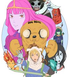 Rule 34 | 4girls, adventure time, animal hood, animification, antlers, arrow (projectile), black eyes, black hair, blonde hair, blue eyes, blue shirt, blunt bangs, bmo, chainsaw man, circlet, clenched hand, colored skin, commentary, english commentary, fiery hair, finn the human, flame princess, forehead jewel, fujimoto tatsuki (style), game console, green hair, grey skin, hair over one eye, highres, holding, holding sword, holding weapon, hood, horns, huntress wizard, jake the dog, kiramoto5, long hair, looking at viewer, marceline abadeer, mask, mechanical arms, multiple girls, orange eyes, orange skin, parody, pink hair, pink skin, princess bonnibel bubblegum, quiver, ringed eyes, shirt, smile, style parody, sword, vampire, very long hair, weapon, white background, white hood
