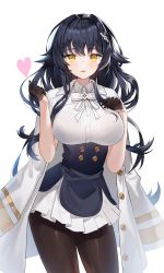 Rule 34 | 1girl, absurdres, azuma (azur lane), azur lane, black gloves, black pantyhose, bra visible through clothes, breasts, gloves, hair between eyes, half gloves, heart, highres, hyoin, jacket, jacket on shoulders, large breasts, long hair, looking at viewer, miniskirt, pantyhose, pleated skirt, purple hair, simple background, skirt, solo, white background, white jacket, white skirt, yellow eyes