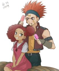 Rule 34 | 1boy, 1girl, afro, amanda (yu-gi-oh!), armband, asymmetrical hair, autumn-sacura, belt, black pants, blue eyes, closed mouth, comb, crow hogan, dark skin, dress, earrings, facial mark, fingerless gloves, flat chest, forehead mark, from side, gloves, grey eyes, grey gloves, grin, hair brush, hair bun, hair ornament, hairclip, hairdressing, hairpin, hands on lap, happy, headband, high collar, holding, jacket, jewelry, looking at viewer, looking down, mouth hold, open clothes, open vest, orange hair, orange shirt, pants, pink dress, plaid, purple eyes, red hair, ribbon, shirt, short dress, short hair, simple background, single hair bun, sitting, smile, spiked hair, standing, sweat, twitter username, v arms, vest, white background, white shirt, x hair ornament, yu-gi-oh!, yu-gi-oh! arc-v