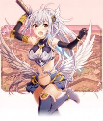 Rule 34 | 1girl, ange vierge, armor, bare shoulders, bikini armor, black gloves, blue footwear, boots, breasts, brown eyes, cleavage, elbow gloves, feathered wings, frown, gloves, hair ornament, head wings, highres, legs up, long hair, looking at viewer, medium breasts, navel, non-web source, ortrin, ponytail, running, simple background, solo, sword, thigh boots, thighhighs, very long hair, weapon, white hair, white wings, wings