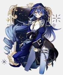 Rule 34 | 1girl, absurdres, bare shoulders, black dress, black gloves, blue hair, blue hood, blue sleeves, bracelet, bright pupils, constellation, detached sleeves, diadem, dress, drill hair, drill sidelocks, genshin impact, gloves, gold trim, hair between eyes, hair flaps, highres, hood, hood up, jewelry, juliet sleeves, layla (genshin impact), long hair, long sleeves, looking to the side, merry-san, necklace, pants, picture frame, puffy sleeves, sidelocks, solo, star (symbol), thighlet, very long hair, white pants, white pupils, yellow eyes