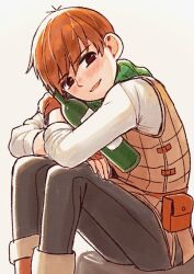 Rule 34 | 1boy, bottle, brown eyes, brown hair, chilchuck tims, commentary request, dungeon meshi, halfling, holding, long sleeves, looking at viewer, male focus, mima raiti, orange hair, pants, plaid, scarf, short hair, simple background, sitting, smile, solo, white background, wine bottle