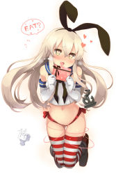 Rule 34 | 10s, 1girl, anchor hair ornament, bare shoulders, blonde hair, blush, box, elbow gloves, gift, gift box, gloves, hair ornament, hairband, heart, heart-shaped pupils, kantai collection, long hair, looking at viewer, no pants, open mouth, rensouhou-chan, ribbon, saliva, shimakaze (kancolle), shin (new), simple background, smile, solo, striped clothes, striped thighhighs, sweat, symbol-shaped pupils, thighhighs, valentine, white background, white gloves