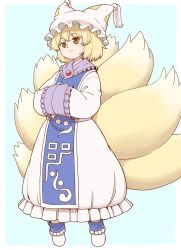 Rule 34 | 1girl, animal hat, blonde hair, blue background, closed mouth, dress, fox tail, full body, hat, long sleeves, mob cap, multiple tails, own hands together, poronegi, short hair, simple background, solo, standing, tabard, tail, touhou, white dress, white footwear, white hat, yakumo ran, yellow eyes