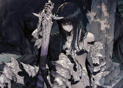 Rule 34 | 1girl, armor, black hair, black thighhighs, blood, breasts, cleavage, colored skin, fantasy, grass, ivy, knee pads, long hair, original, purple eyes, scar, scar across eye, scar on face, shoulder plates, skeleton, small breasts, sword, thighhighs, tombstone, torn clothes, torn legwear, wanke, weapon, white skin, wolf