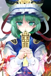 Rule 34 | 1girl, asymmetrical hair, black background, black hat, commentary, epaulettes, flower, frilled hat, frills, green eyes, green hair, hat, highres, long sleeves, looking at viewer, nyarocks, red flower, rod of remorse, shiki eiki, solo, spider lily, touhou, two-tone background, upper body, white background