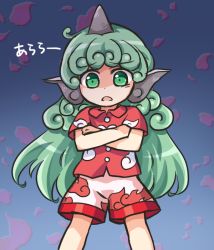 Rule 34 | 1girl, blue background, buttons, cloud print, crossed arms, curly hair, gradient background, green eyes, green hair, horns, kariyushi shirt, komano aunn, long hair, looking at viewer, open mouth, petals, pote (ptkan), red shirt, shaded face, shirt, shorts, single horn, solo, touhou, translated, white shorts