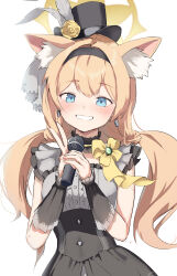 1girl absurdres animal_ear_fluff animal_ears black_dress blonde_hair blue_archive blue_eyes cat_ears cat_girl dress grin hairband halo hat highres holding holding_microphone looking_at_viewer low_twintails mari_(blue_archive) mari_(idol)_(blue_archive) microphone mini_hat mini_top_hat morishin546 smile top_hat twintails upper_body white_background