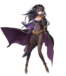 Rule 34 | 1girl, black eyes, black hair, blunt bangs, bodysuit, breasts, bridal gauntlets, cape, circlet, cleavage, fire emblem, fire emblem awakening, fire emblem heroes, full body, highres, long hair, matching hair/eyes, nail polish, navel, nintendo, official art, short twintails, solo, standing, tharja (fire emblem), transparent background, twintails, two side up, zis