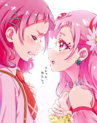 Rule 34 | 2girls, clenched teeth, crying, cure yell, detached sleeves, earrings, hair ornament, hairclip, highres, holding hands, hugtto! precure, jewelry, kyoutsuugengo, long hair, looking at another, multiple girls, necktie, nono hana, open mouth, pink hair, precure, red neckwear, simple background, tears, teeth, upper body, white background, x hair ornament