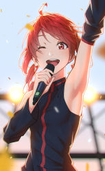 Rule 34 | 1girl, ahoge, arm up, armpits, black shirt, black sleeves, blurry, blurry background, commentary, confetti, detached sleeves, drill hair, english commentary, film grain, highres, holding, holding microphone, kasane teto, microphone, one eye closed, open mouth, red eyes, red hair, shirt, short hair, sleeveless, sleeveless shirt, smile, solo, spotlight, twin drills, upper body, utau, yasutange