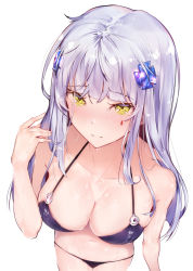 Rule 34 | 1girl, bad id, bad pixiv id, bikini, black bikini, blunt bangs, blush, breasts, cleavage, closed mouth, collarbone, facial mark, foreshortening, from above, girls&#039; frontline, green eyes, hair ornament, hand up, highres, hk416 (girls&#039; frontline), hplay, long hair, looking at viewer, medium breasts, navel, sidelocks, silver hair, simple background, solo, swimsuit, teardrop, wet, white background