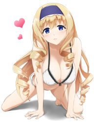 Rule 34 | 10s, 1girl, all fours, bikini, blonde hair, blue eyes, breasts, cecilia alcott, cleavage, collarbone, drill hair, full body, hairband, heart, highres, infinite stratos, large breasts, long hair, looking at viewer, mattari yufi, navel, parted lips, solo, swimsuit, very long hair, white bikini