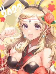 Rule 34 | 1girl, animal ears, arm up, bare shoulders, blonde hair, bracelet, breasts, chinese zodiac, circlet, fire emblem, fire emblem fates, fire emblem heroes, flower, grey eyes, hair flower, hair ornament, highres, jewelry, large breasts, long hair, looking at viewer, nintendo, open mouth, ophelia (fire emblem), portrait, rabbit, rabbit ears, red flower, red rose, rose, solo, swept bangs, year of the rabbit, youhei choregi