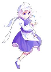 Rule 34 | 1girl, alphes (style), apron, bobby socks, breasts, closed mouth, dairi, eyebrows, frilled skirt, frills, full body, hair between eyes, hat, ice, large breasts, letty whiterock, long sleeves, parody, purple eyes, purple footwear, purple shirt, purple skirt, shirt, shoes, short hair, skirt, skirt set, smile, socks, solo, style parody, tareme, touhou, transparent background, triangular headpiece, turtleneck, undershirt, waist apron, white apron, white hair, white hat, white shirt, white socks