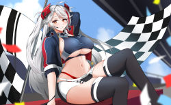 Rule 34 | 1girl, absurdres, azur lane, belt, black gloves, black skirt, black thighhighs, blue jacket, blurry, blurry background, breasts, checkered flag, clothing cutout, cropped shirt, cross, earpiece, feet out of frame, flag, gloves, grey hair, half gloves, highres, holding, holding flag, iron cross, j yak47, jacket, mole, mole on breast, multicolored hair, official alternate costume, open clothes, open jacket, orange eyes, outdoors, panties, panty straps, prinz eugen (azur lane), prinz eugen (final lap) (azur lane), race queen, red hair, red panties, short sleeves, sitting, skirt, solo, streaked hair, thighhighs, two-tone hair, two-tone skirt, underboob cutout, underwear, white belt, white skirt, zettai ryouiki, zipper