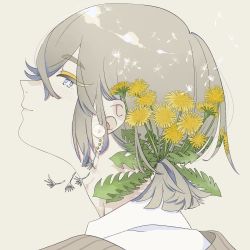 Rule 34 | 1girl, absurdres, blue eyes, blue menouu, collared shirt, dandelion, earrings, flower, from behind, highres, jewelry, leaf, looking back, original, portrait, profile, seed, shirt, simple background, smile, solo, tan background, white shirt, yellow flower