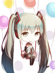Rule 34 | 1girl, balloon, character name, chibi, dandelion, detached sleeves, flower, green eyes, green hair, happy birthday, hatsune miku, highres, long hair, matching hair/eyes, necktie, sitting, sketch, skirt, solo, thighhighs, twintails, very long hair, vocaloid, white background, x-red flower