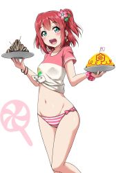 Rule 34 | 1girl, :d, aqua eyes, bikini, bikini bottom only, bikini under clothes, blush, bracelet, commentary request, earrings, flag, flower, food, hair flower, hair ornament, highres, holding, holding plate, jewelry, kurosawa ruby, looking at viewer, love live!, love live! school idol festival, love live! sunshine!!, navel, omelet, omurice, open mouth, pink scrunchie, plate, polka dot, polka dot scrunchie, red hair, scrunchie, shirt, short sleeves, simple background, smile, solo, striped bikini, striped bikini bottom, striped clothes, swimsuit, t-shirt, takoyaki, tied shirt, toothpick, two side up, white background, wrist scrunchie, yopparai oni