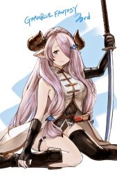 Rule 34 | 1girl, asymmetrical gloves, asymmetrical legwear, bare shoulders, black footwear, black gloves, boots, braid, breasts, closed mouth, copyright name, elbow gloves, english text, feet out of frame, gloves, granblue fantasy, grey eyes, hair ornament, hair over one eye, highres, holding, holding sword, holding weapon, horns, jacket, katana, large breasts, legband, long hair, looking at viewer, mismatched gloves, narmaya (granblue fantasy), one eye closed, pointy ears, sako (35s 00), single elbow glove, single thigh boot, sitting, sleeveless, sleeveless jacket, smile, solo, sword, thigh boots, thigh strap, thighhighs, uneven gloves, uneven legwear, very long hair, wariza, weapon