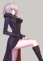 Rule 34 | 1girl, ahoge, black dress, black footwear, boots, breasts, cleavage, closed mouth, coat, colored skin, dress, emoshon, eyebrows, facing away, fate/grand order, fate (series), from side, fur collar, fur trim, grey background, hair between eyes, hand in pocket, hand on own thigh, highres, jeanne d&#039;arc (fate), jeanne d&#039;arc alter (fate), jeanne d&#039;arc alter (ver. shinjuku 1999) (fate), long sleeves, looking away, looking down, looking to the side, medium breasts, official alternate costume, open clothes, open coat, pocket, purple coat, short dress, short hair, silver hair, simple background, solo, standing, white skin, yellow eyes