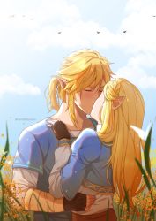 Rule 34 | 1boy, 1girl, bird, black gloves, blonde hair, blush, braid, collarbone, couple, crown braid, day, closed eyes, fingerless gloves, gloves, hand on another&#039;s hip, hand on another&#039;s shoulder, hetero, hug, kiss, layered sleeves, link, long hair, long sleeves, nintendo, outdoors, pointy ears, princess zelda, shirt, short over long sleeves, short sleeves, standing, tabby chan, the legend of zelda, the legend of zelda: breath of the wild, twitter username, upper body, white shirt