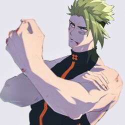 Rule 34 | 1boy, absurdres, achilles (fate), achilles (fearless diver) (fate), bandaid, bandaid on face, black shirt, blood, blood on hands, bruise, bruise on face, clenched hand, collarbone, fate/grand order, fate (series), flexing, grey background, hand on own arm, haruakira, highres, injury, looking at viewer, male focus, muscular, muscular male, orange eyes, shirt, short hair, simple background, sleeveless, sleeveless shirt, solo, undercut, upper body