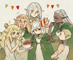 Rule 34 | 1boy, 5girls, arm tattoo, bare shoulders, black choker, black eyes, blonde hair, blue eyes, blunt bangs, bracelet, cake, choker, cithis, cloak, dress, dungeon meshi, ear piercing, eating, elf, expressionless, fleki, flying sweatdrops, food, food on face, green cloak, green eyes, grey background, grey hair, group picture, hand on another&#039;s shoulder, hat, highres, holding, holding plate, hood, hood down, hooded cloak, jewelry, long hair, looking at another, low twintails, lycion, mithrun, multiple girls, nears, notched ear, notice lines, open mouth, otta (dungeon meshi), party hat, pattadol, piercing, plate, pointy ears, purple eyes, short bangs, short hair, sleeveless, sleeveless dress, smile, tattoo, twintails, uneven eyes, upper body, very short hair, white dress