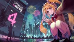 Rule 34 | 1girl, artist request, blonde hair, bow, city, fireworks, hime cut, loafers, looking at viewer, magicami, official art, school uniform, selfie, shoes, smile, twintails, yellow eyes, yuwase cocoa