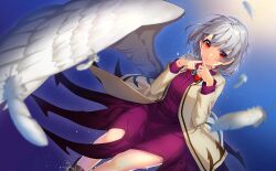 Rule 34 | 1girl, arrow print, blue background, bow, bowtie, brown footwear, brown jacket, closed mouth, crossed fingers, dress, eyelashes, feathered wings, feathers, game cg, gem, green gemstone, jacket, kishin sagume, layered sleeves, light smile, long sleeves, looking at viewer, loose hair strand, nonomaro, official art, open clothes, open jacket, purple dress, red bow, red bowtie, red eyes, short dress, short hair, single wing, sun, third-party source, touhou, touhou cannonball, white hair, white wings, wings