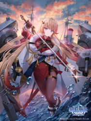 Rule 34 | 1girl, azu-taro, azur lane, blonde hair, blue eyes, bodystocking, breasts, brown gloves, cleavage, coat, fur-trimmed coat, fur trim, gloves, gradient hair, highres, hms howe (badge), holding, holding sword, holding weapon, howe (azur lane), long hair, looking at viewer, maltese cross, multicolored hair, official art, red coat, red hair, rigging, scabbard, sheath, ship&#039;s badge, solo, sword, thigh strap, unsheathed, very long hair, water, weapon