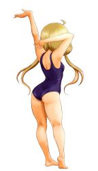 Rule 34 | 1girl, absurdres, arm up, ass, barefoot, blonde hair, blue one-piece swimsuit, from behind, full body, futaba anzu, highres, idolmaster, idolmaster cinderella girls, kneepits, long hair, low twintails, one-piece swimsuit, school swimsuit, simple background, solo, standing, swimsuit, taka (takahirokun), twintails, white background