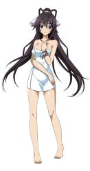 Rule 34 | 10s, 1girl, barefoot, bikini, black hair, breasts, cleavage, feet, front-tie bikini top, front-tie top, hair ribbon, hand on own hip, highres, infinite stratos, long hair, looking at viewer, navel, ponytail, purple eyes, ribbon, shinonono houki, smile, solo, swimsuit, transparent background