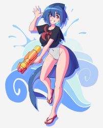 Rule 34 | 1girl, absurdres, arm up, astronowo, black sailor collar, black shirt, blue hair, borrowed character, covered navel, fins, fish tail, full body, highres, mako (azuumori), neckerchief, one-piece swimsuit, original, parted lips, red eyes, red footwear, red neckerchief, sailor collar, sandals, shadow, shark girl, shark tail, shirt, short sleeves, solo, standing, swimsuit, swimsuit under clothes, tail, water gun, white one-piece swimsuit