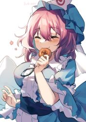 Rule 34 | 1girl, blue hat, blue kimono, blush, breasts, center frills, closed eyes, closed mouth, food, frills, fruit, hair between eyes, hat, highres, holding, holding food, holding fruit, hu su, japanese clothes, kimono, large breasts, long sleeves, medium hair, mob cap, persimmon, pink hair, saigyouji yuyuko, short hair, short sleeves, simple background, smile, solo, touhou, triangular headpiece, upper body, white background, wide sleeves