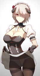 Rule 34 | 1girl, black horns, black pantyhose, breasts, cleavage, closed mouth, clothes lift, commentary, cowboy shot, crotch seam, detached sleeves, dress, dress lift, english commentary, expressionless, frilled sleeves, frills, gloves, gradient background, hair over one eye, highres, honkai (series), honkai impact 3rd, horns, large breasts, looking at viewer, lowleg, lowleg panties, maid, maid headdress, panties, panties under pantyhose, pantyhose, puffy short sleeves, puffy sleeves, rita rossweisse, rita rossweisse (umbral rose), short hair, short sleeves, simple background, solo, thigh gap, thighband pantyhose, underwear, very short hair, vic (vedream), white panties, wide hips