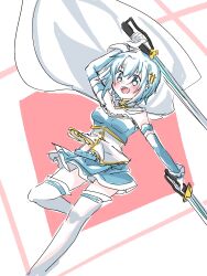 Rule 34 | 1girl, blue eyes, blue hair, blue skirt, cape, detached sleeves, dual wielding, fortissimo, frl1015, gloves, hair ornament, highres, holding, holding sword, holding weapon, looking to the side, magical girl, mahou shoujo madoka magica, mahou shoujo madoka magica (anime), miki sayaka, miki sayaka (magical girl), musical note, musical note hair ornament, open mouth, short hair, skirt, solo, sword, thighhighs, weapon, white cape, white gloves, white thighhighs