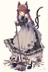 Rule 34 | 1girl, :3, adapted costume, animal ears, apron, black bow, black ribbon, blood, blood on ground, blood stain, blunt bangs, blush, bone, bow, braid, cat ears, cat tail, dress, full body, green dress, hair bow, highres, holding, holding mop, kaenbyou rin, long hair, long sleeves, maid apron, maid headdress, mop, multiple tails, neck ribbon, nikorashi-ka, paw print, petticoat, planted, print dress, puffy long sleeves, puffy sleeves, red eyes, red hair, ribbon, skull, slit pupils, smile, solo, standing, tail, touhou, twin braids, two tails, white apron