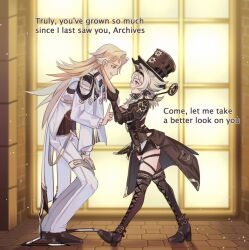 Rule 34 | 1boy, 1girl, blonde hair, boots, brown gloves, brown sleeves, color request, commentary, english commentary, english text, from side, gear hair ornament, gears, gloves, grabbing another&#039;s hair, hair intakes, hat, height difference, honkai (series), honkai impact 3rd, index finger raised, long sleeves, smile, sweatdrop, thigh boots, top hat, vill-v, void archives (honkai impact), wervus, yellow eyes