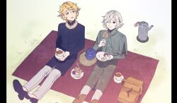 Rule 34 | 2boys, basket, black eyes, blonde hair, brothers, cake, cake slice, cup, dungeon meshi, eating, elf, food, fork, grey eyes, grey hair, half-siblings, holding, holding cup, holding plate, kabe piko, long sleeves, male focus, mithrun, mithrun&#039;s brother, multiple boys, notched ear, one eye closed, picnic, picnic basket, picnic blanket, plate, pointy ears, short hair, siblings, sitting, thermos
